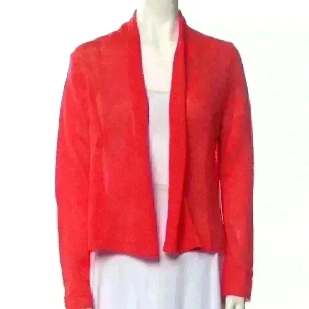 White and Warren Coral Orange Cashmere Open Front Cardigan size S